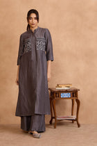The 'Surma' Graphite Linen - Satin Long Kurta - Palazzo Set - ilaaraThe 'Surma' Graphite Linen - Satin Long Kurta - Palazzo Set