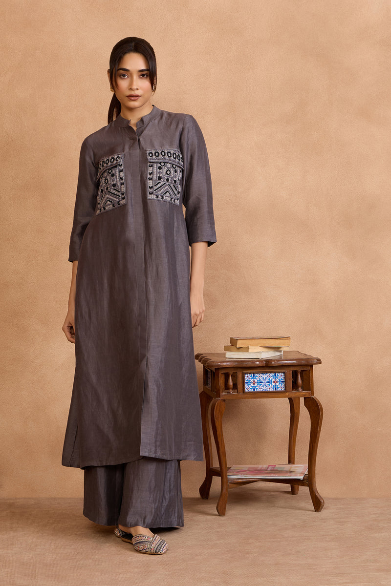 The 'Surma' Graphite Long Kurta-Palazzo Set