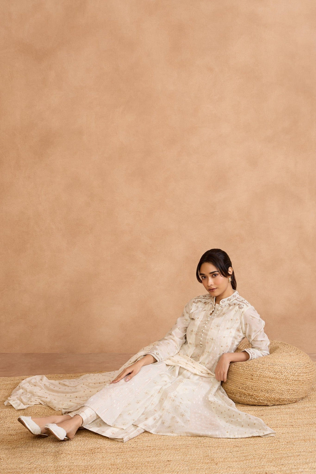 The 'Taj' Ivory Pearl Linen - Cotton Anarkali - Palazzo Set - ilaaraThe 'Taj' Ivory Pearl Linen - Cotton Anarkali - Palazzo Set