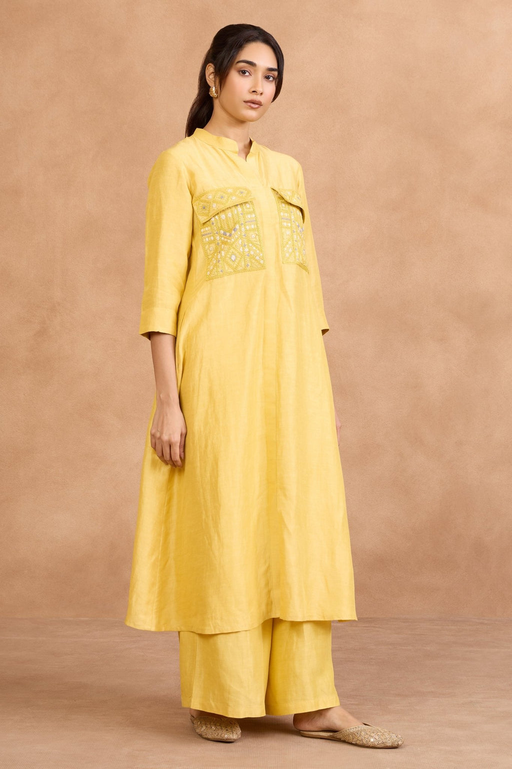 The 'Nimbu' Linen - Satin Pocket Kurta - Palazzo Set - ilaaraThe 'Nimbu' Linen - Satin Pocket Kurta - Palazzo Set