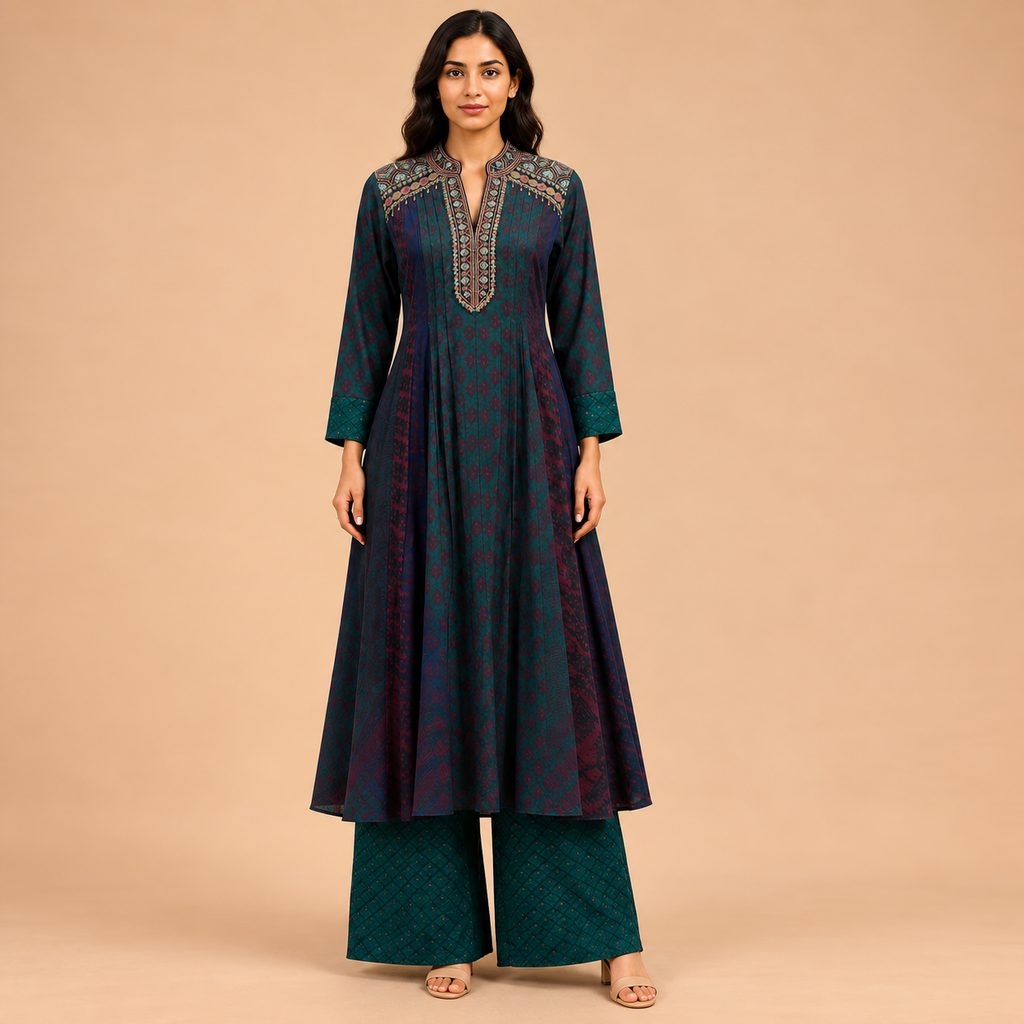 The 'Inaya' Embroidered Malai-Silk Kurta-Palazzo Set