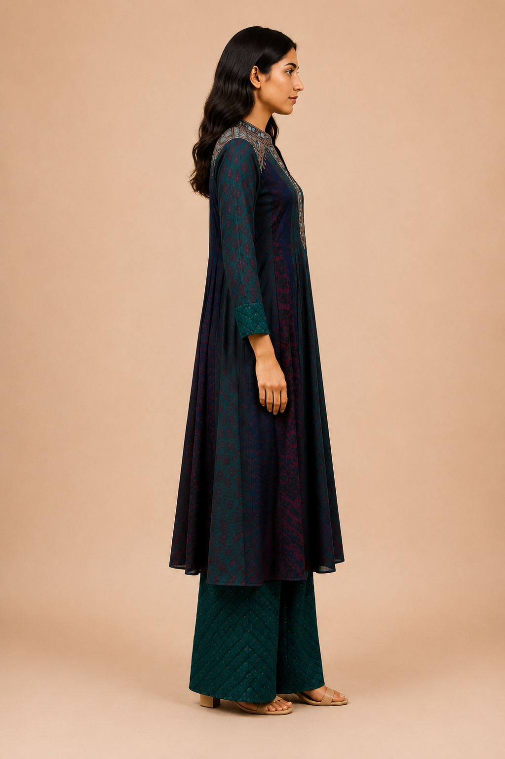 The 'Inaya' Embroidered Malai-Silk Kurta-Palazzo Set