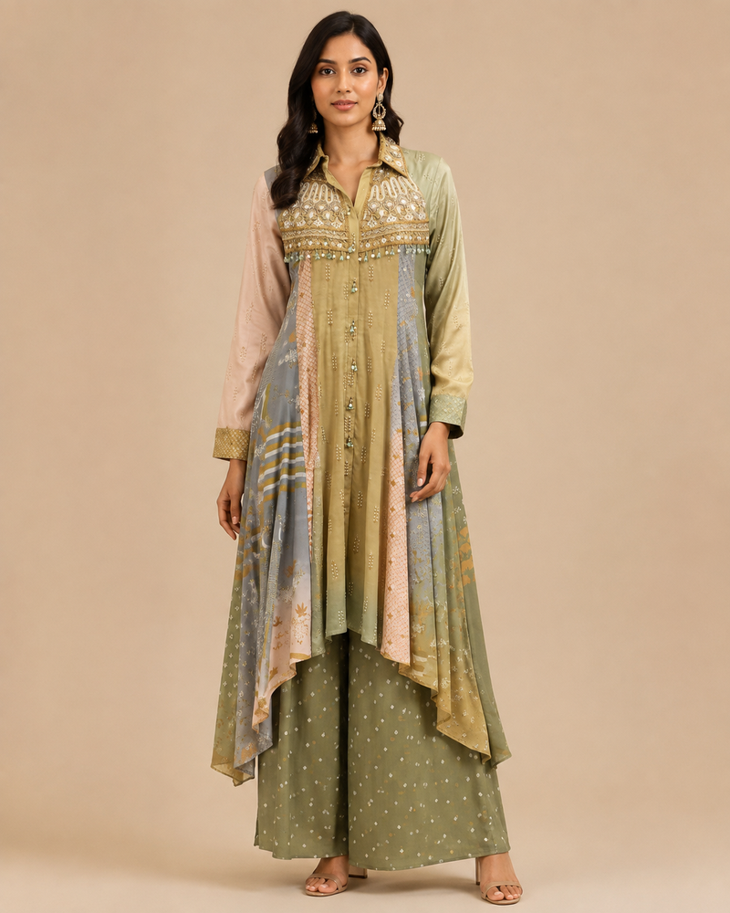 The 'Gulnaar' Olive Embroidered Kurta-Palazzo Set