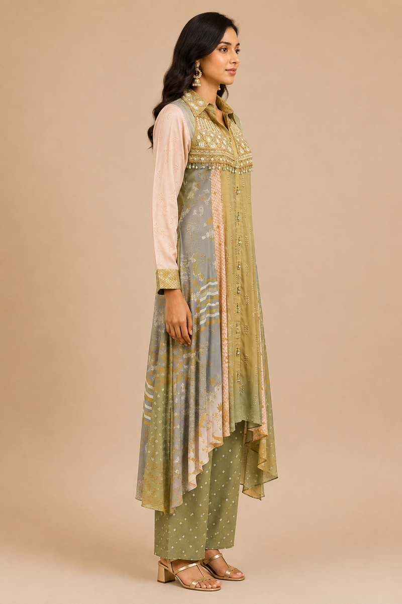The 'Gulnaar' Olive Embroidered Kurta-Palazzo Set