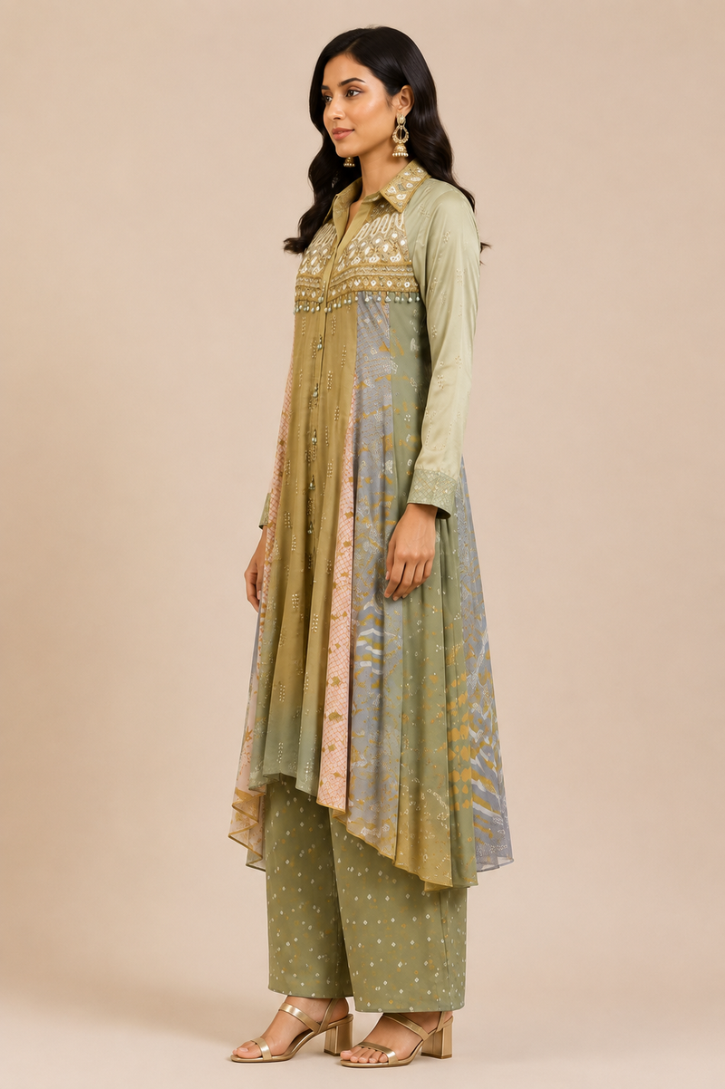 The 'Gulnaar' Olive Embroidered Kurta-Palazzo Set