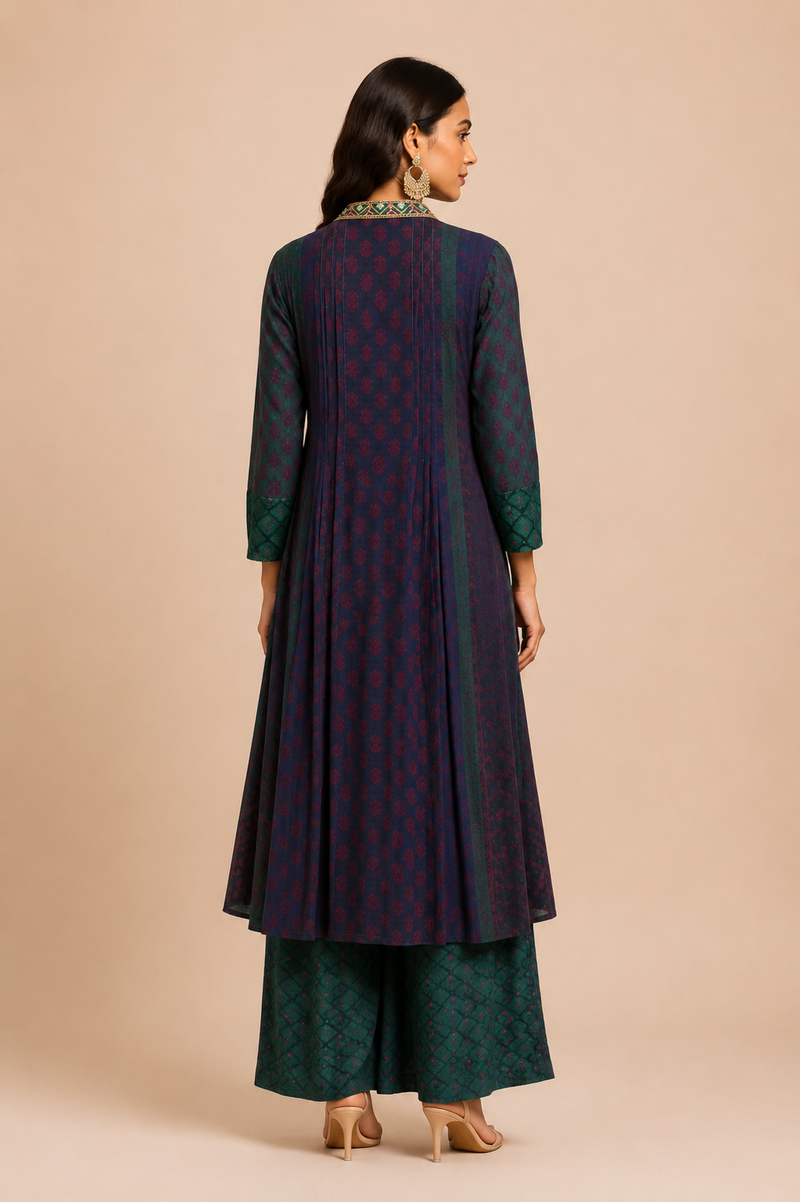 The 'Inaya' Embroidered Malai-Silk Kurta-Palazzo Set