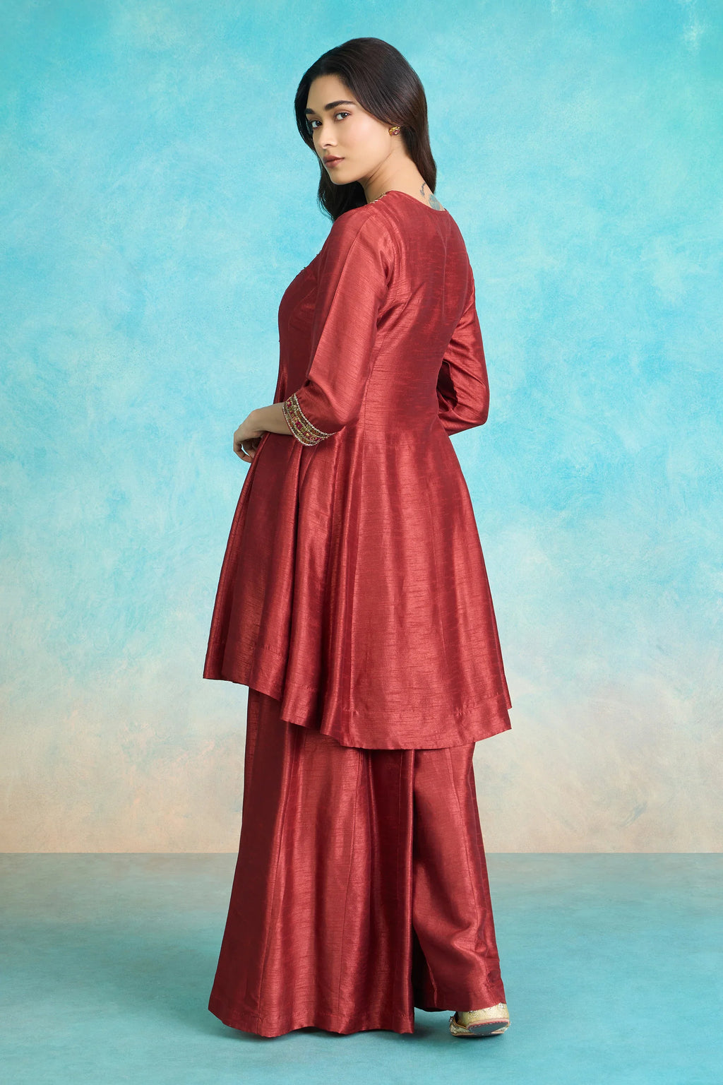 Red Indian kurta with palazzo pants, festive ethnic wear for special occasions