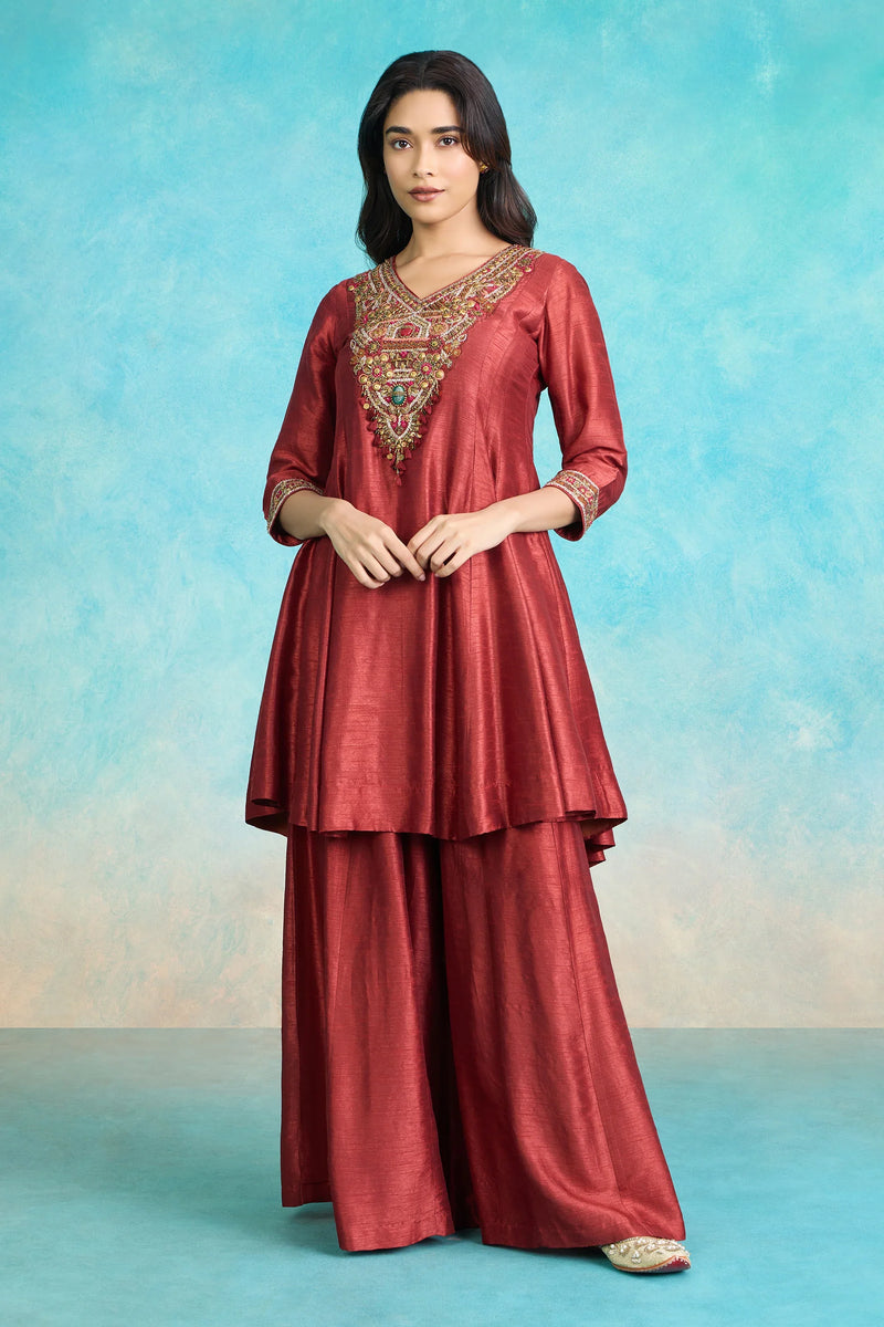 Red embroidered kurta with palazzo pants, festive Indian outfit for special occasions