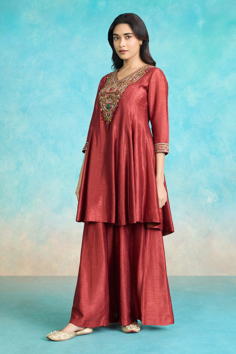 Red embroidered kurta with palazzo pants, festive Indian outfit for special occasions