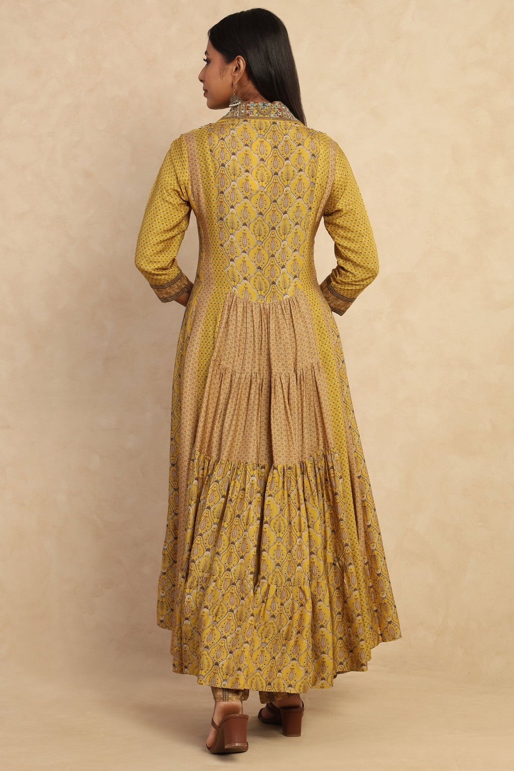 The 'Ambar' Tiered Muslin Silk Anarkali - Palazzo Set - ilaaraThe 'Ambar' Tiered Muslin Silk Anarkali - Palazzo Set