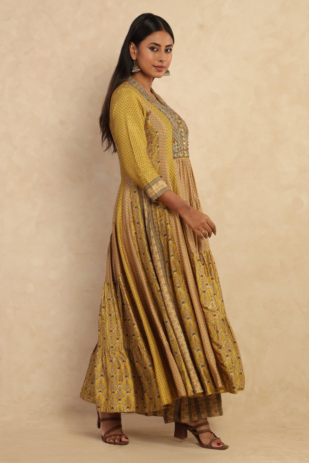 The 'Ambar' Tiered Muslin Silk Anarkali - Palazzo Set - ilaaraThe 'Ambar' Tiered Muslin Silk Anarkali - Palazzo Set